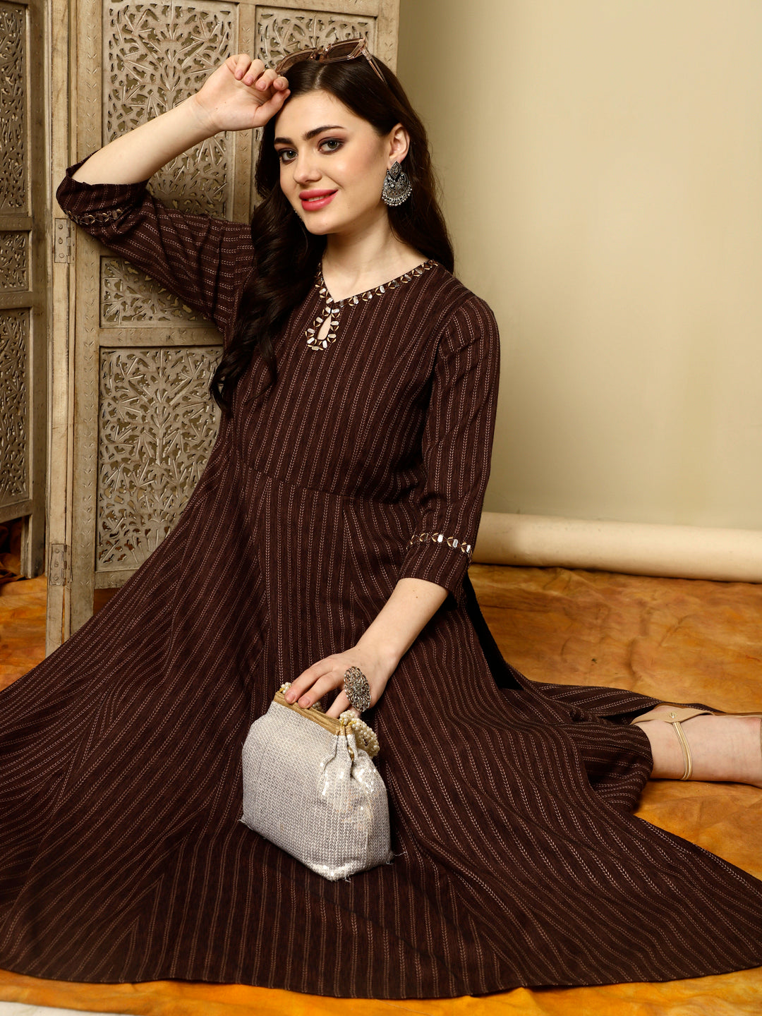 Brown Mirror Work A-line Kurta With Palazzo