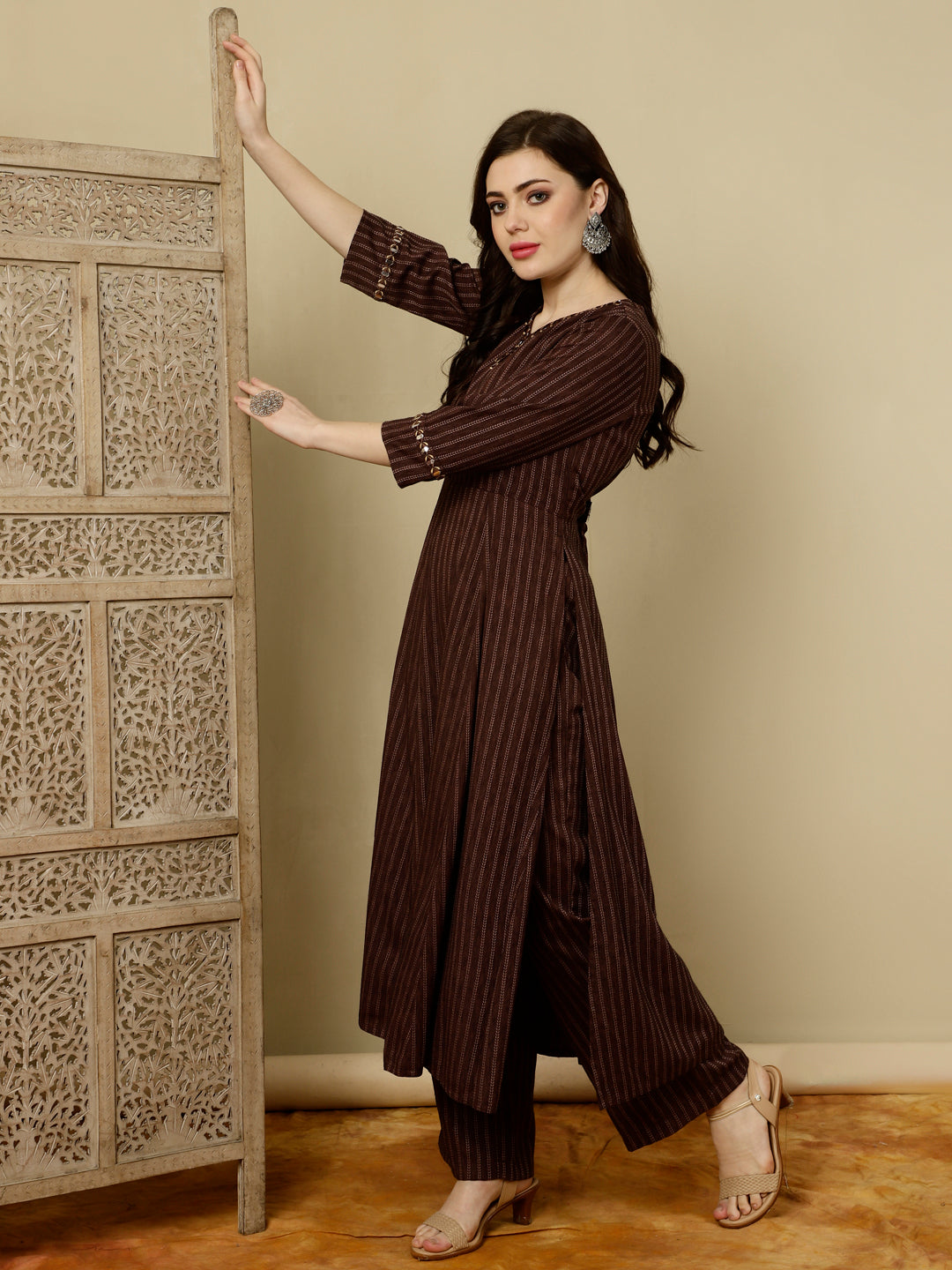 Brown Mirror Work A-line Kurta With Palazzo