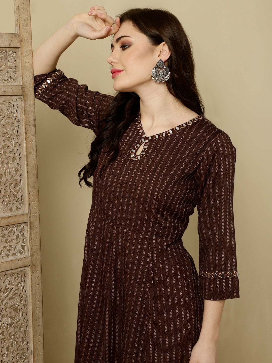 Brown Mirror Work A-line Kurta With Palazzo