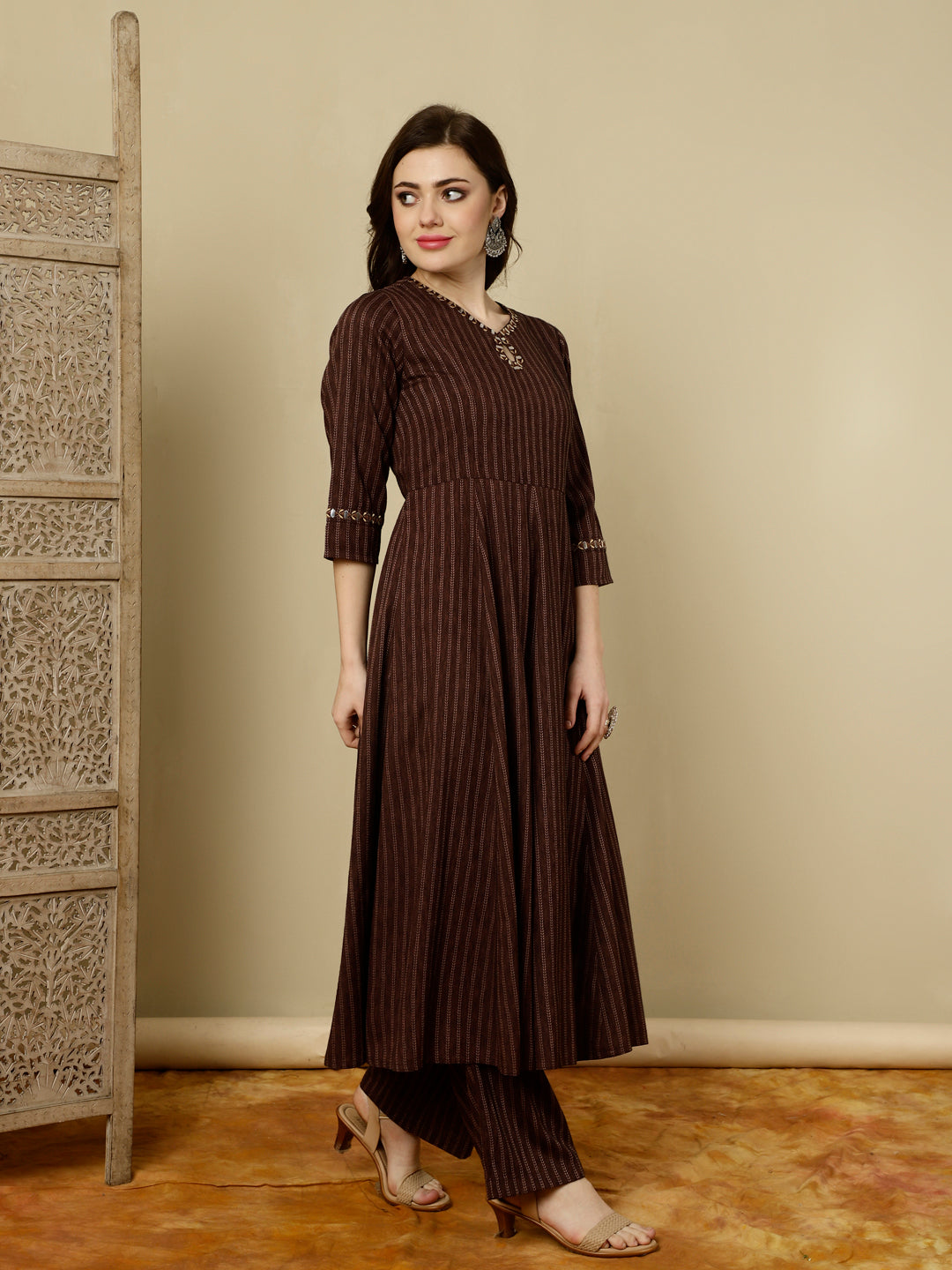 Brown Mirror Work A-line Kurta With Palazzo