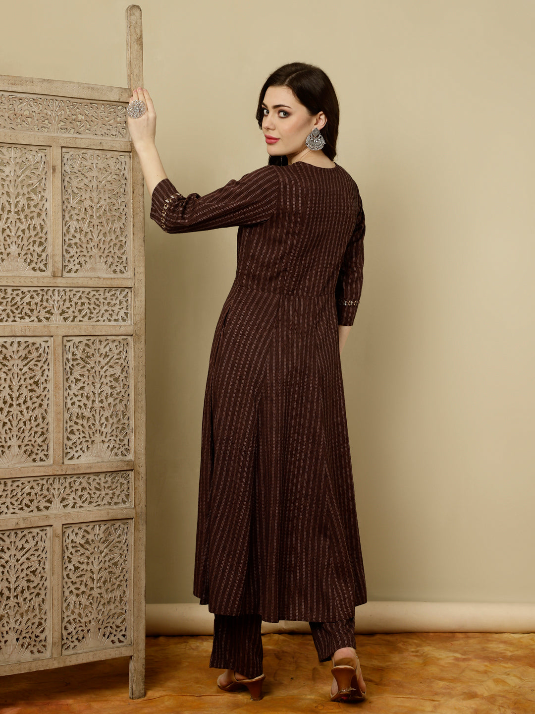 Brown Mirror Work A-line Kurta With Palazzo