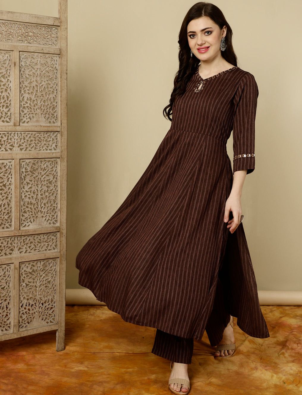 Brown Mirror Work A-line Kurta With Palazzo