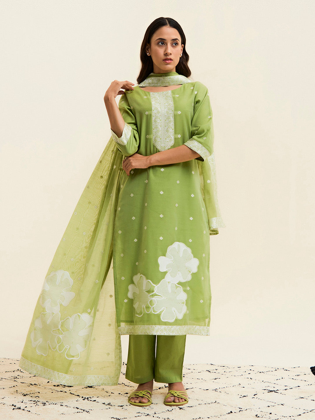Green Chanderi Jacquard Floral Self-Woven Suit Set