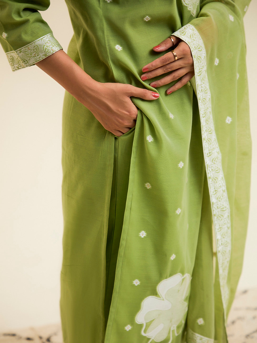 Green Chanderi Jacquard Floral Self-Woven Suit Set