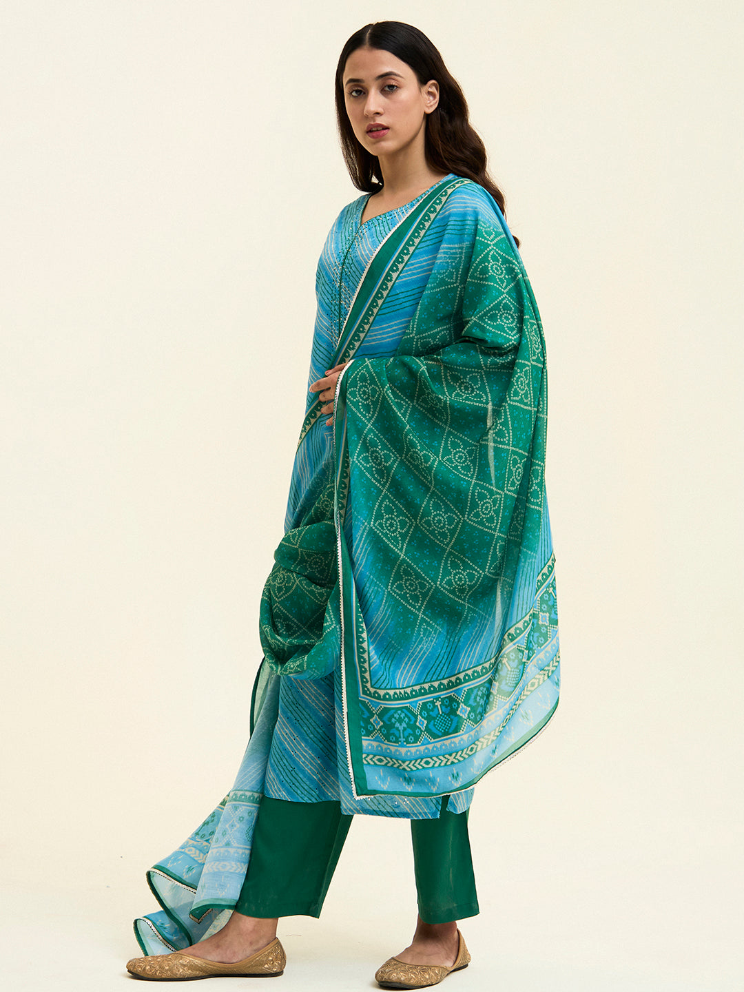 Blue Schiffli Embroidered Leheriya Festive Suit Set