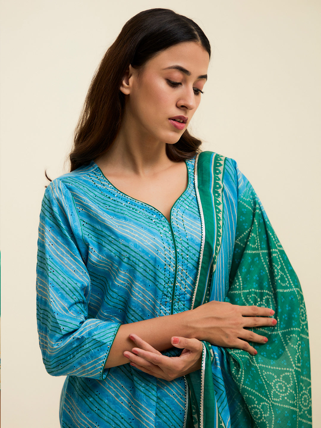 Blue Schiffli Embroidered Leheriya Festive Suit Set