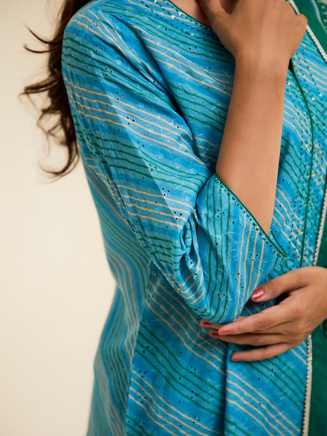 Blue Schiffli Embroidered Leheriya Festive Suit Set