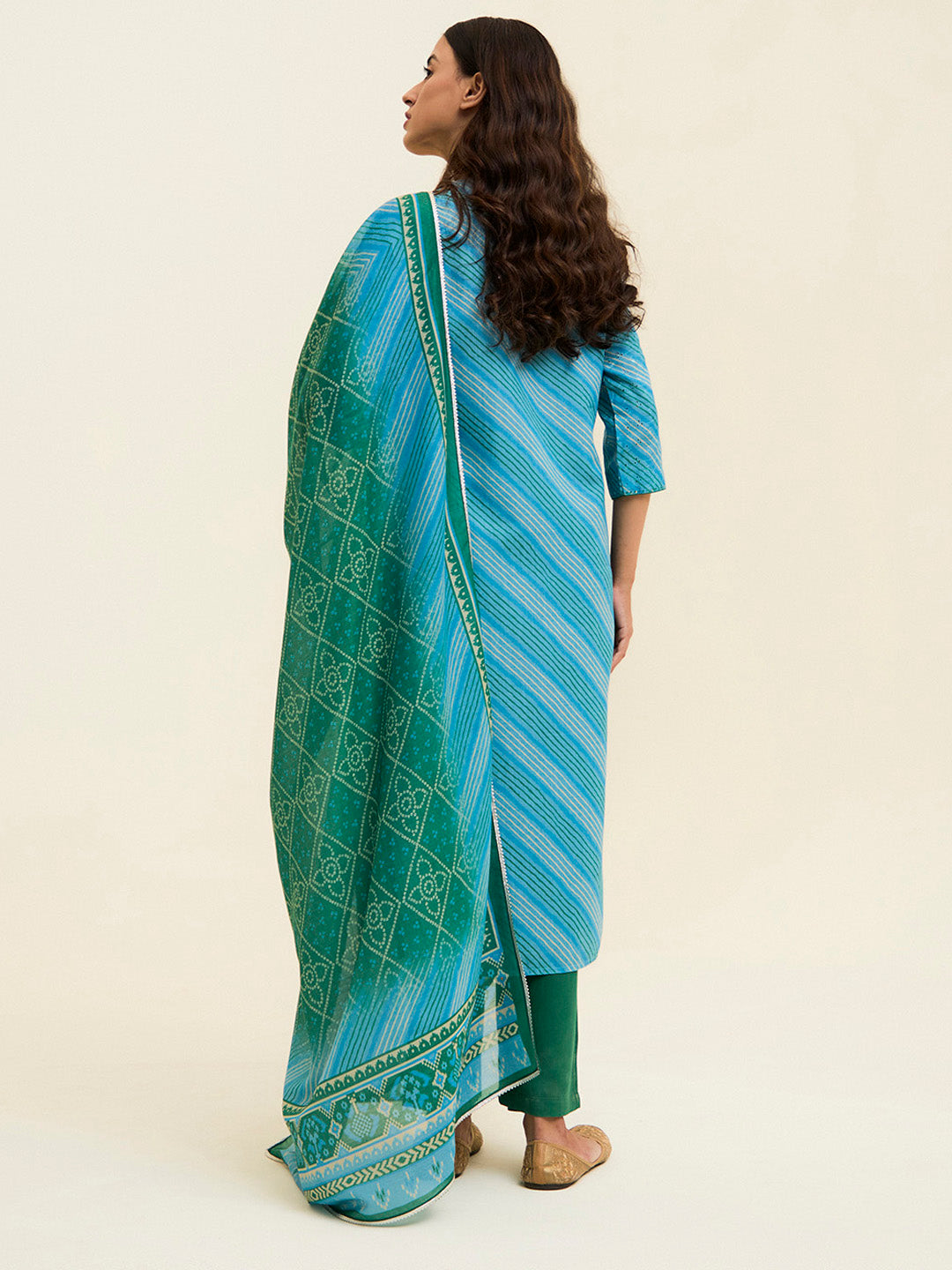 Blue Schiffli Embroidered Leheriya Festive Suit Set