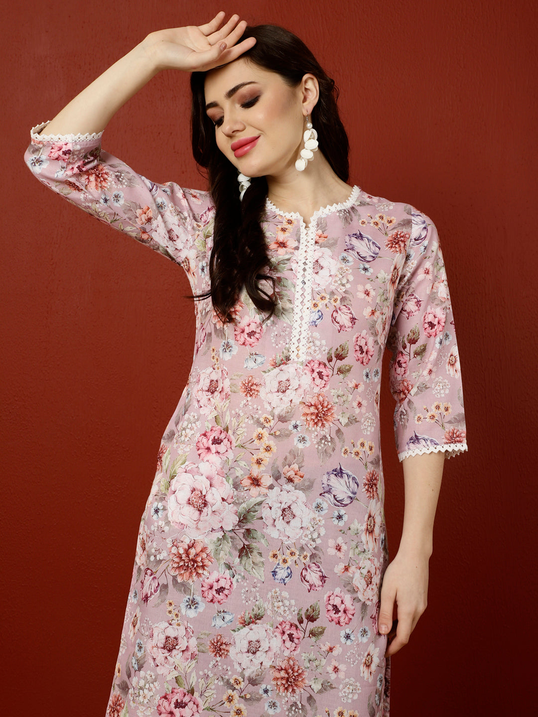 Pink Floral Printed Straight Kurta