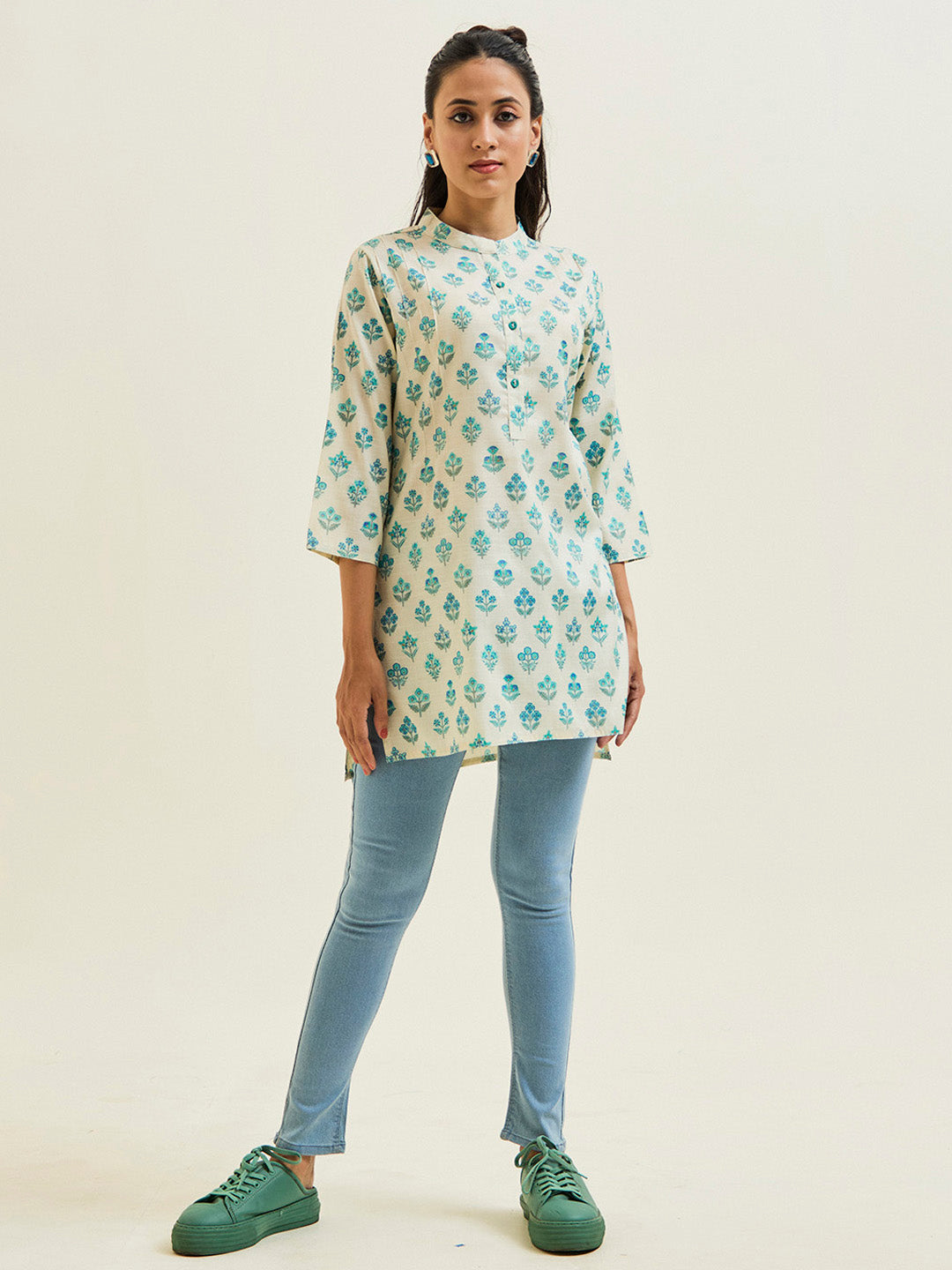 Turquoise Blue Ethnic Printed Short Kurta