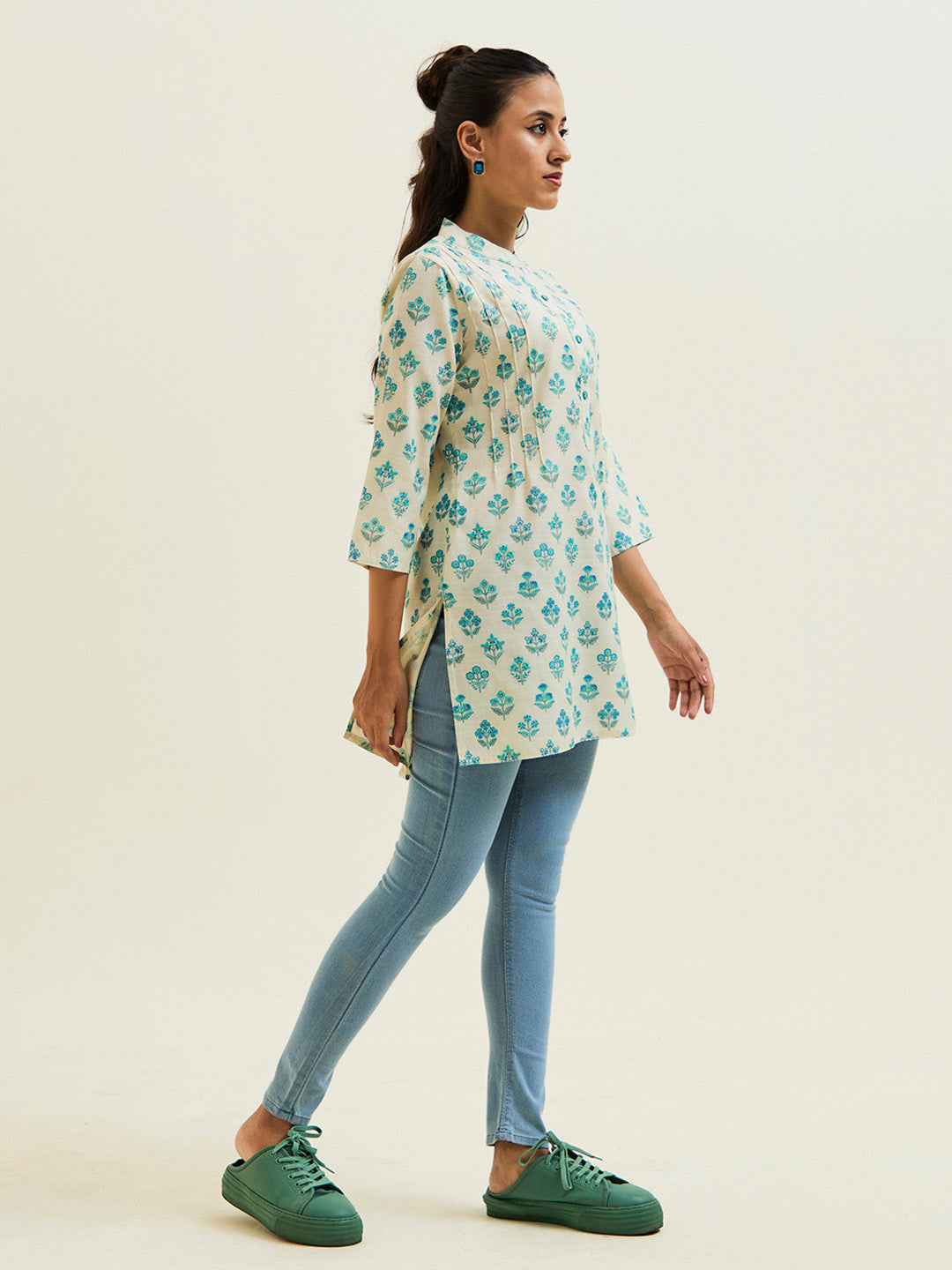 Turquoise Blue Ethnic Printed Short Kurta