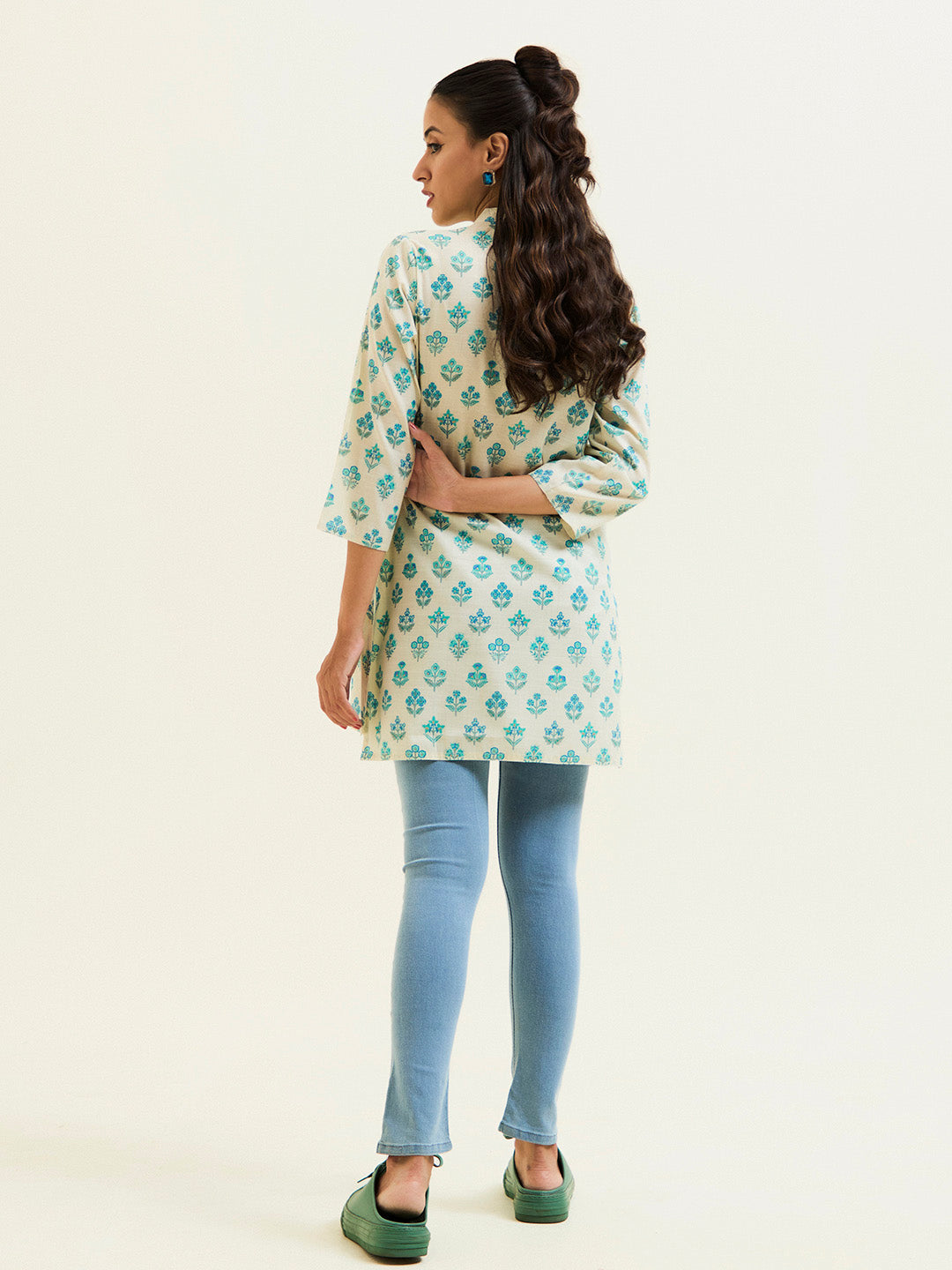 Turquoise Blue Ethnic Printed Short Kurta