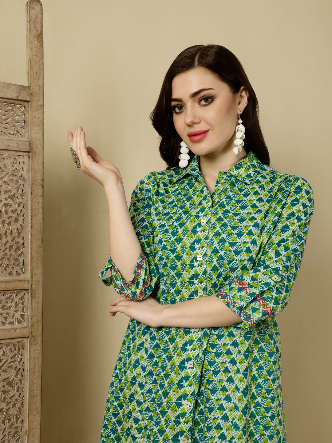 Green Geometric Printed Princess Cut Kurta