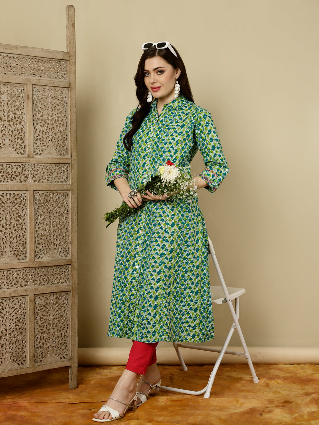 Green Geometric Printed Princess Cut Kurta