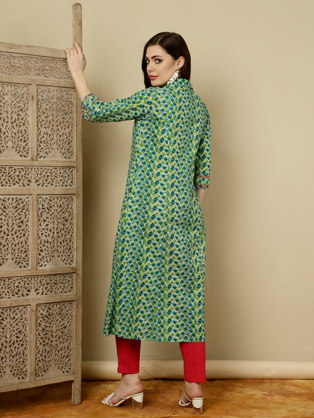 Green Geometric Printed Princess Cut Kurta