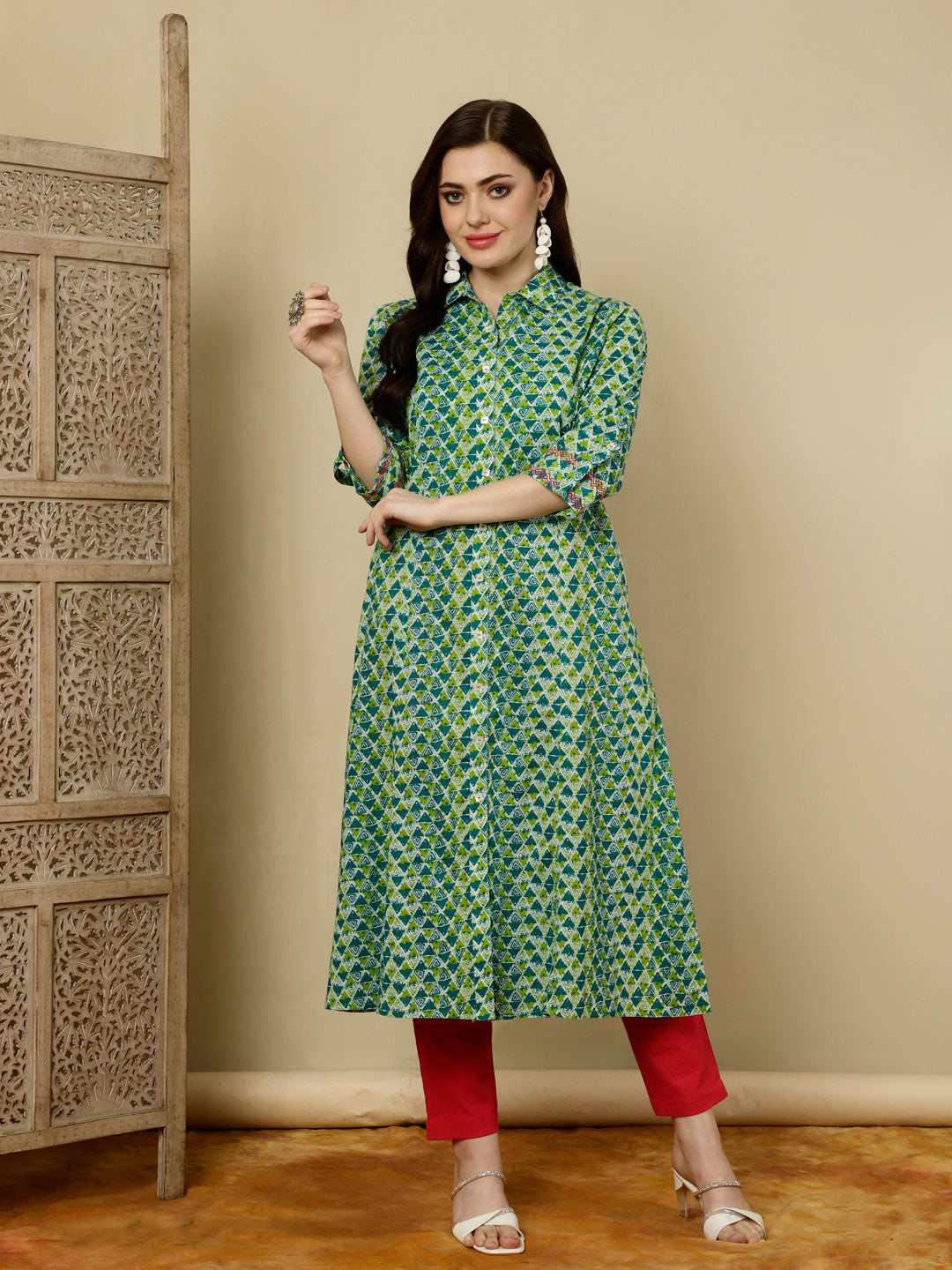 Green Geometric Printed Princess Cut Kurta