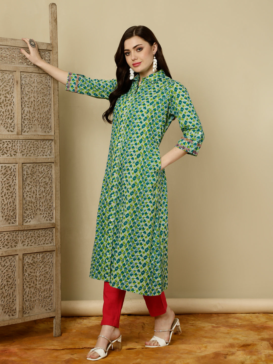 Green Geometric Printed Princess Cut Kurta