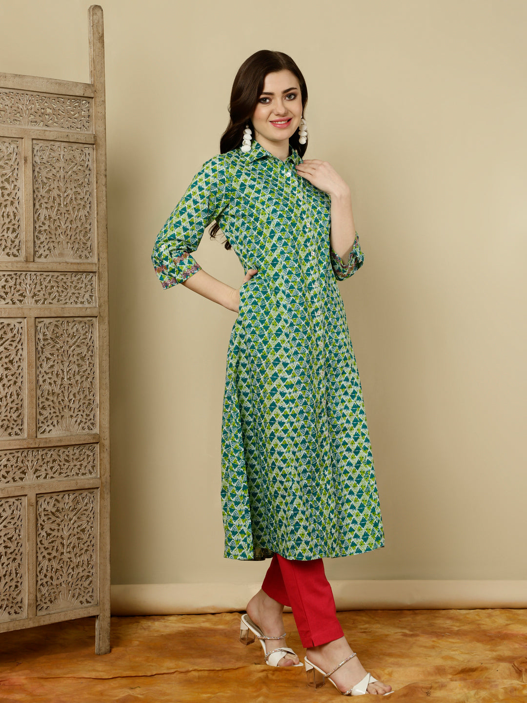 Green Geometric Printed Princess Cut Kurta