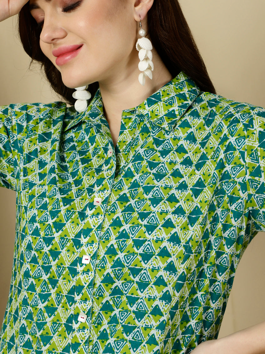 Green Geometric Printed Princess Cut Kurta