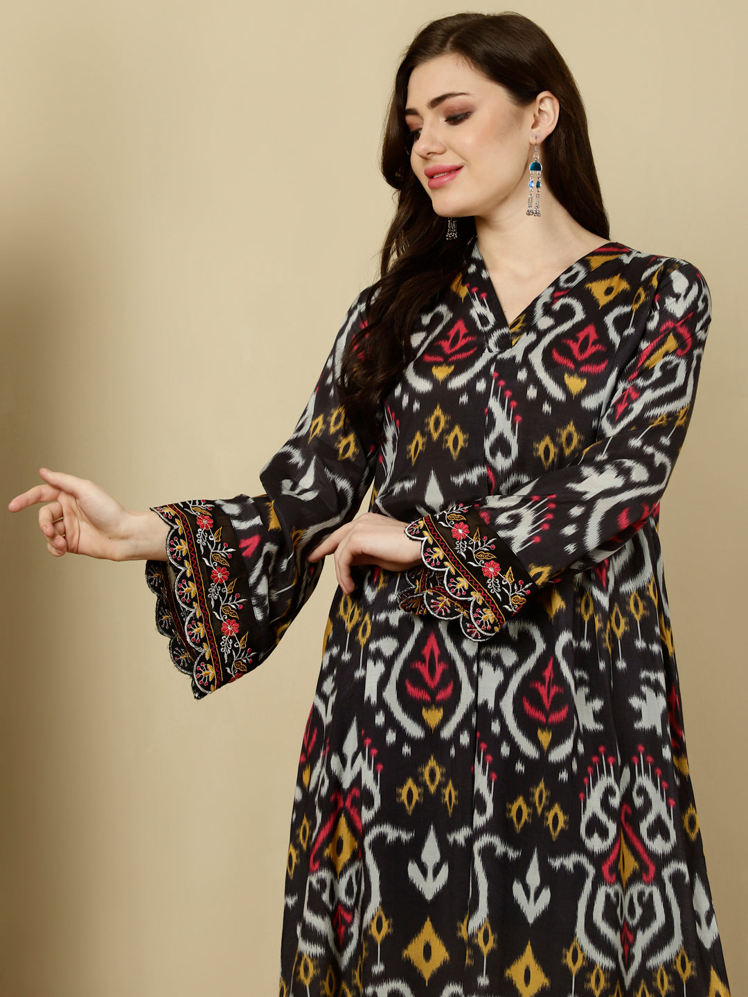 Black Ikat Printed Muslin A-line Kurta