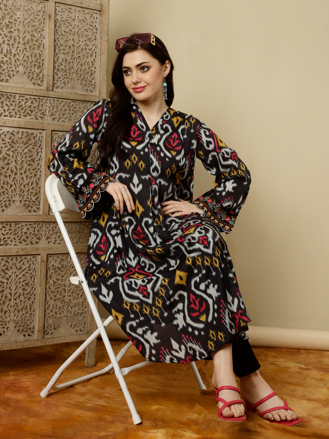 Black Ikat Printed Muslin A-line Kurta