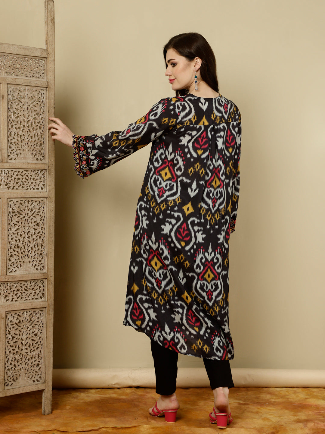 Black Ikat Printed Muslin A-line Kurta