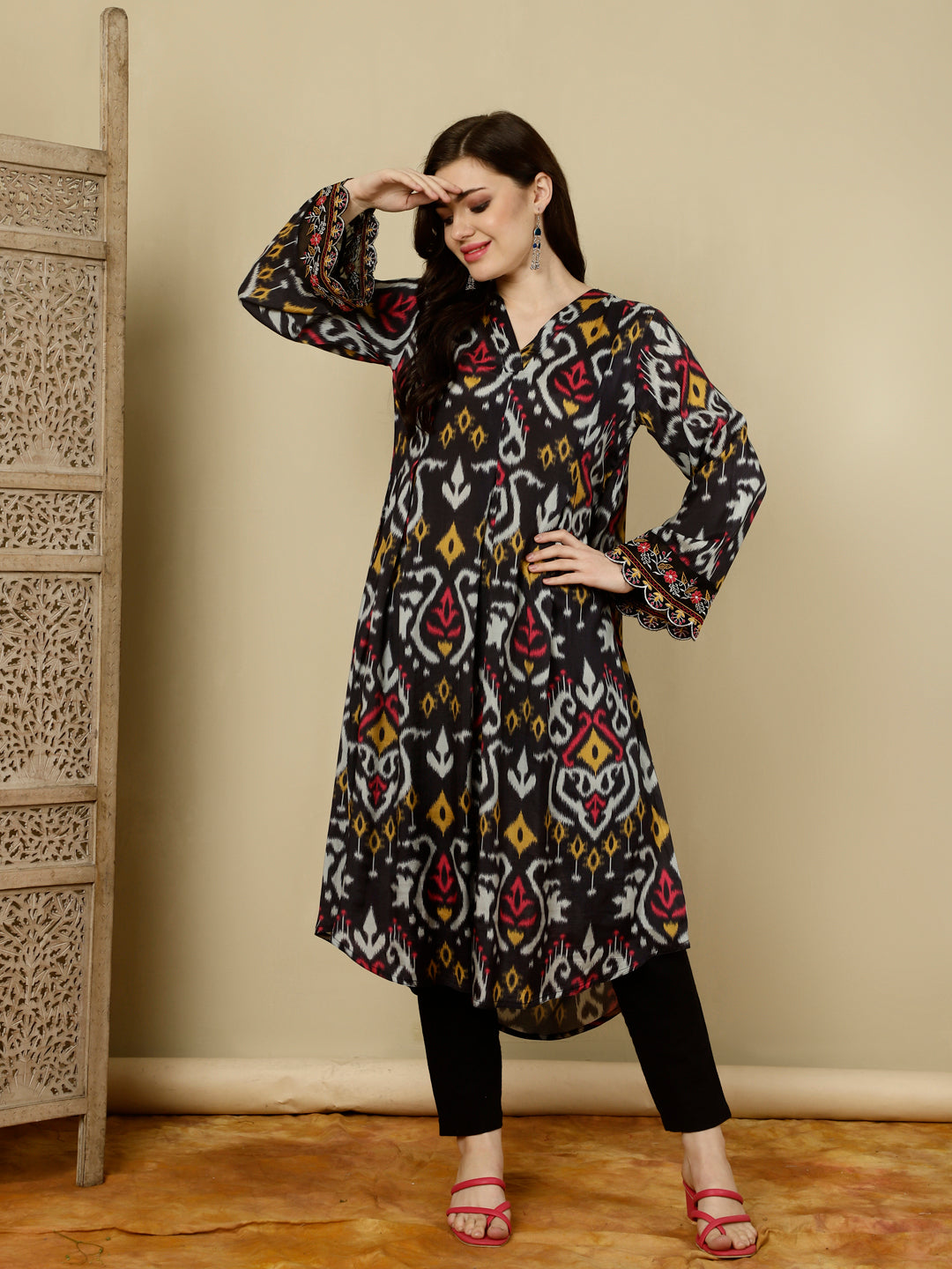 Black Ikat Printed Muslin A-line Kurta