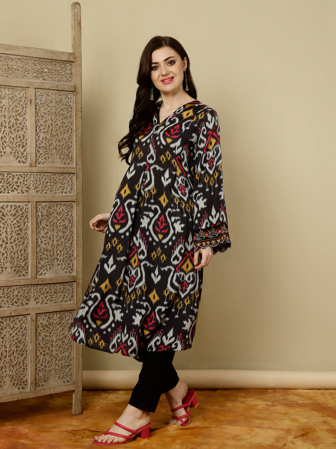 Black Ikat Printed Muslin A-line Kurta