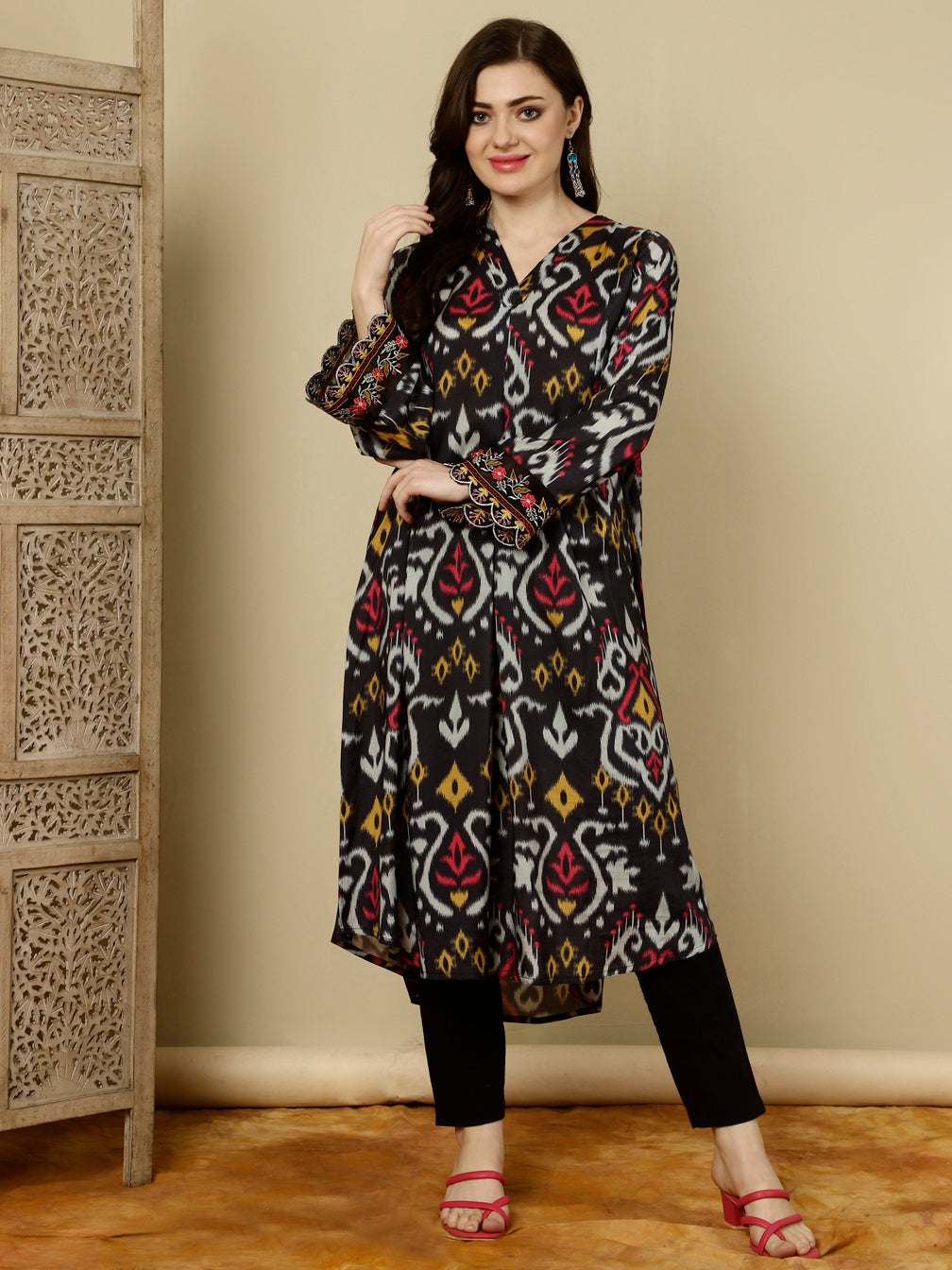 Black Ikat Printed Muslin A-line Kurta