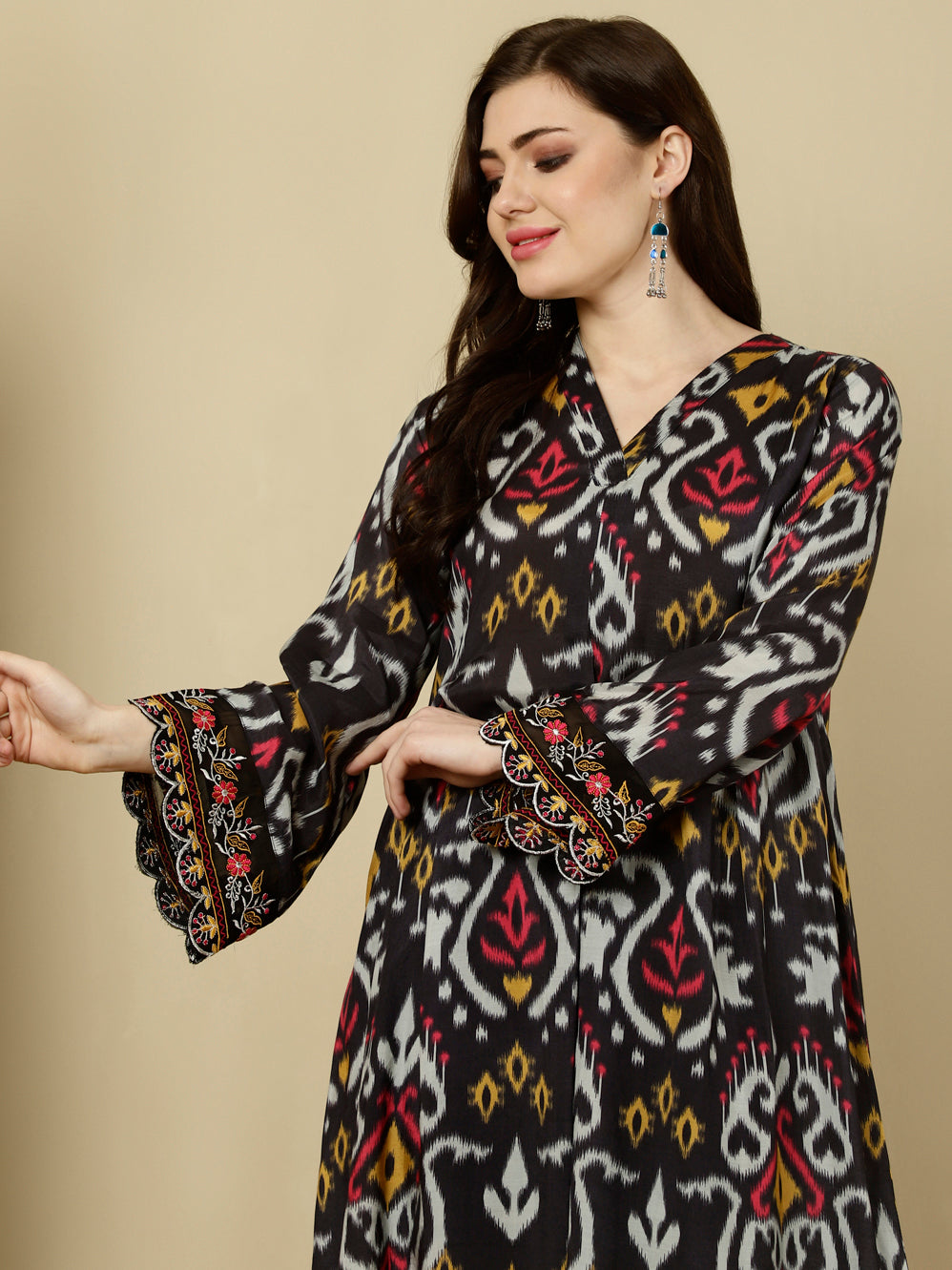 Black Ikat Printed Muslin A-line Kurta