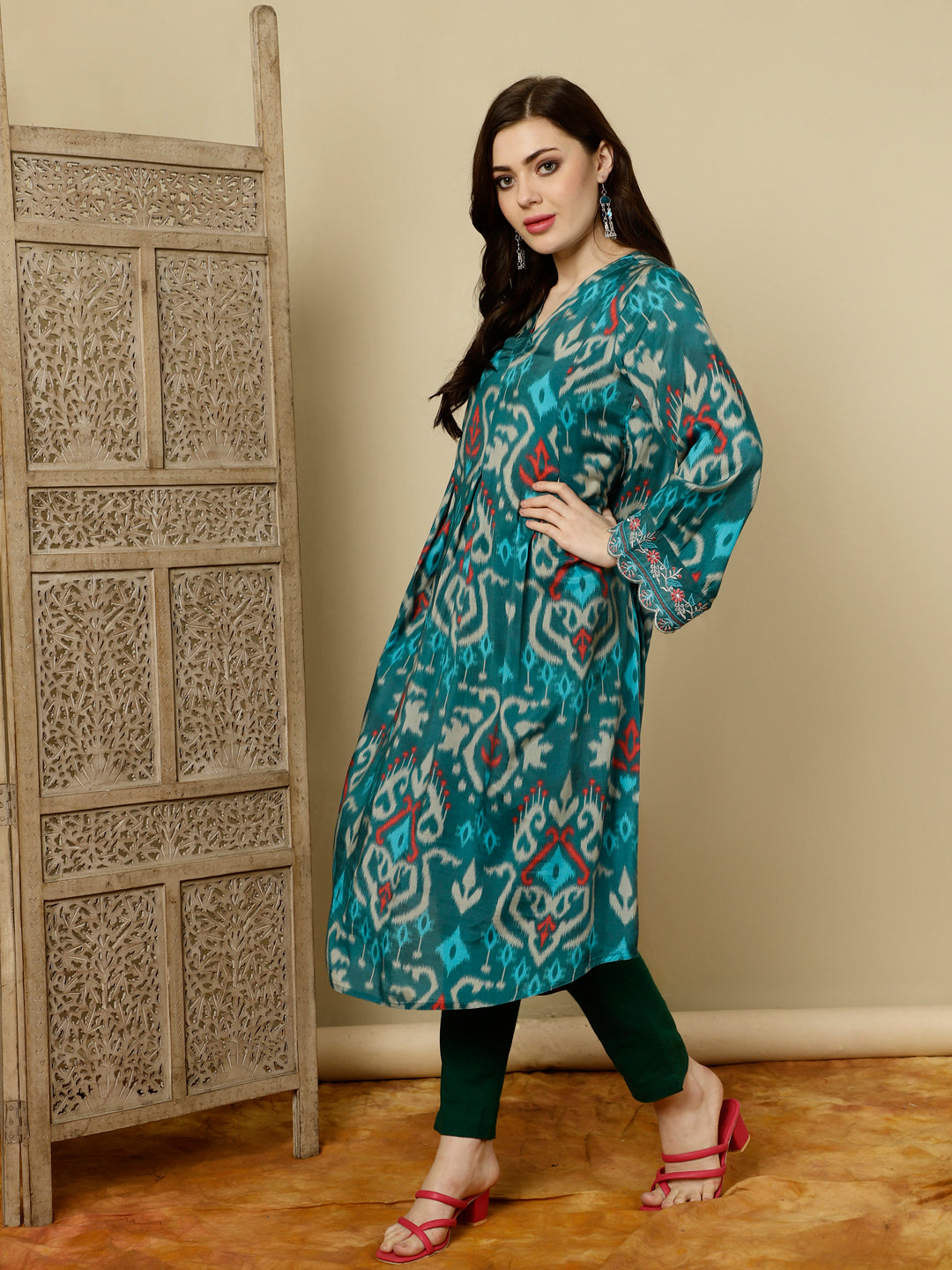 Teal Ikat Printed Muslin A-line Kurta