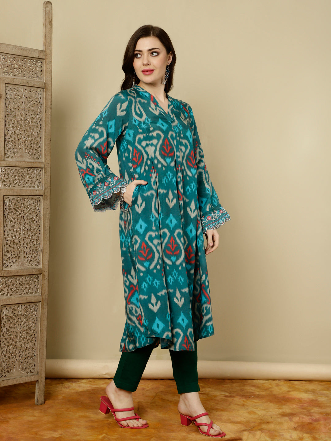 Teal Ikat Printed Muslin A-line Kurta