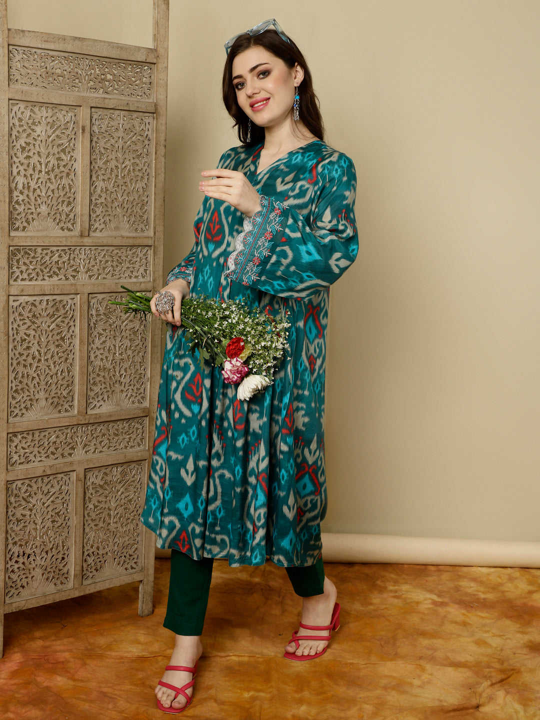 Teal Ikat Printed Muslin A-line Kurta
