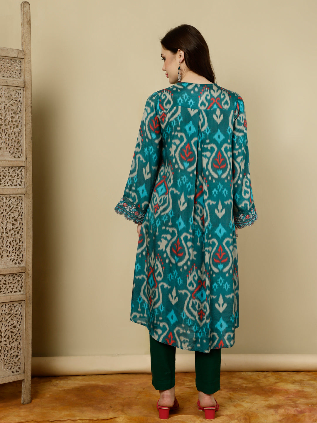 Teal Ikat Printed Muslin A-line Kurta