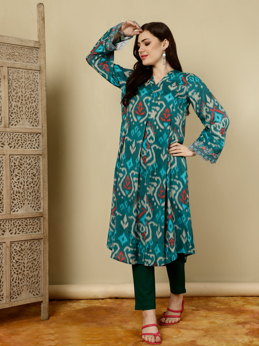 Teal Ikat Printed Muslin A-line Kurta