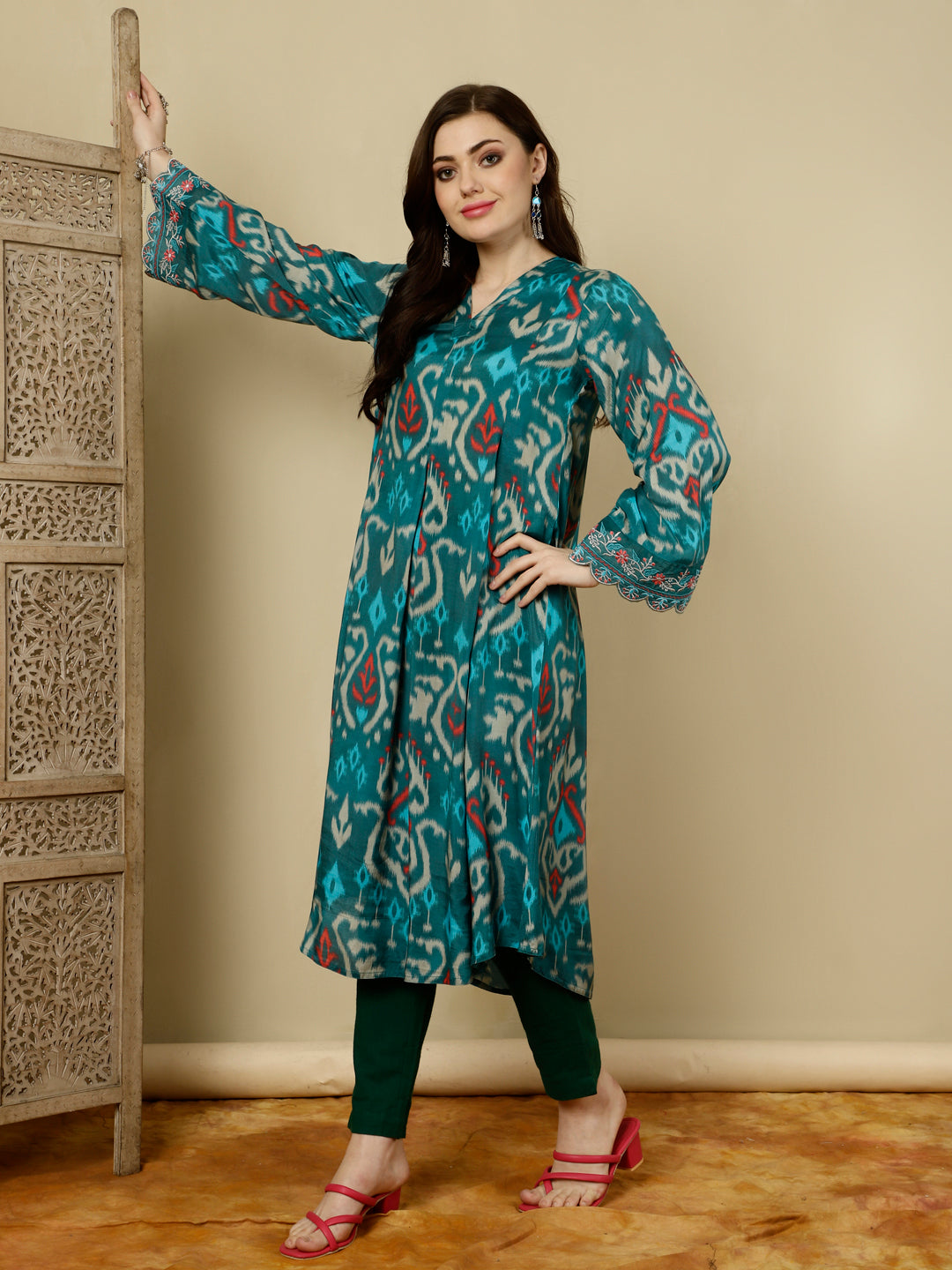 Teal Ikat Printed Muslin A-line Kurta