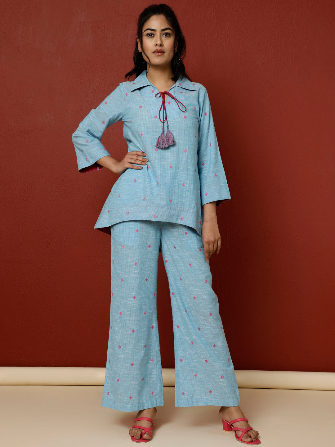 Sky Blue Cotton Yarn Dyed Loungewear Set