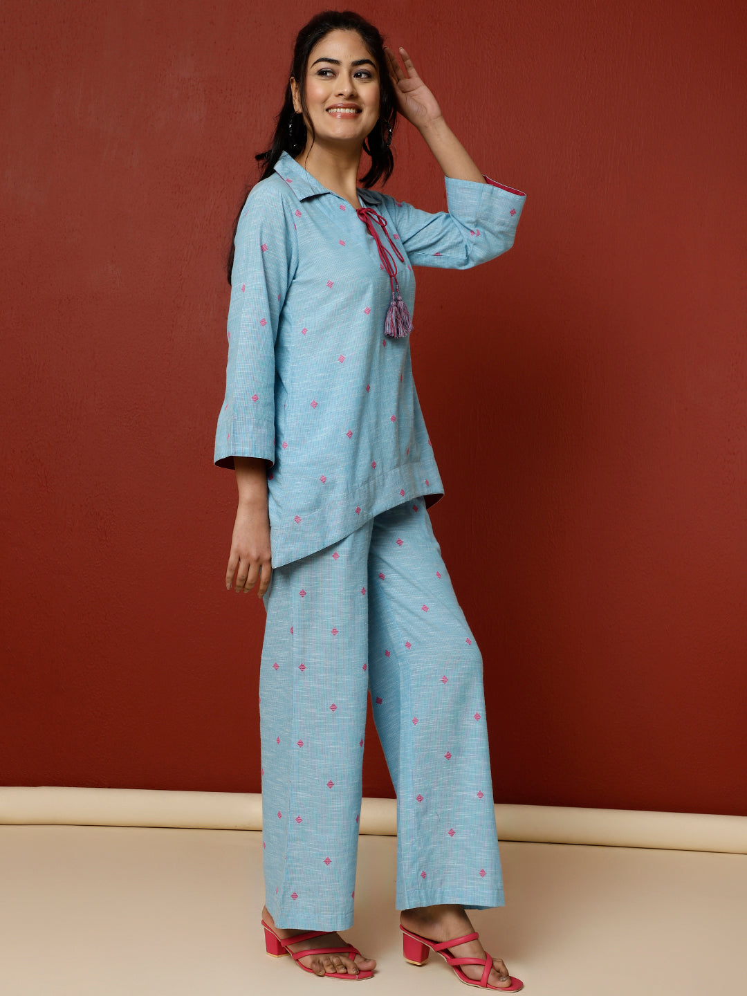 Sky Blue Cotton Yarn Dyed Loungewear Set