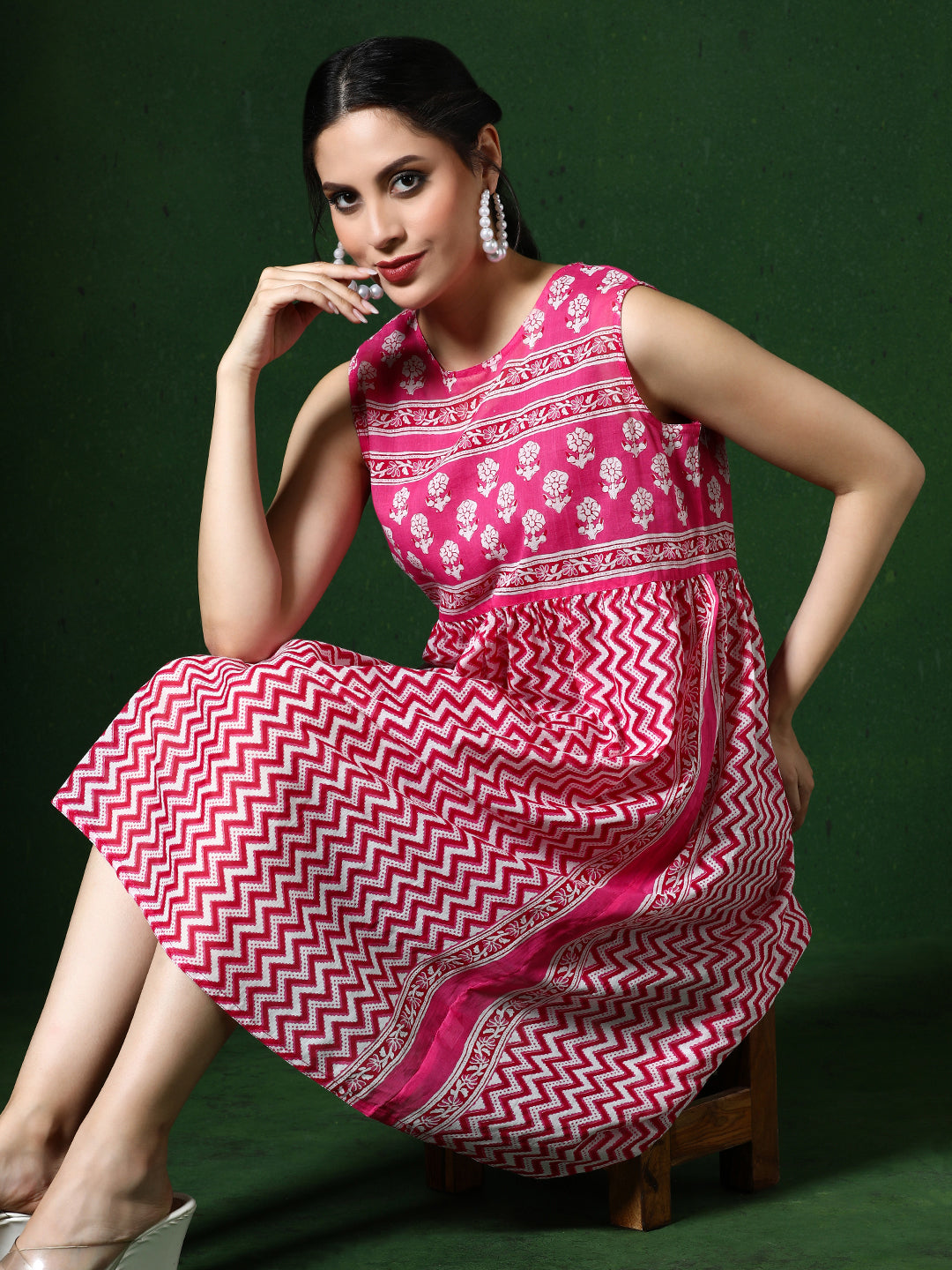 Floral Printed A-Line Cotton Blend Ethnic Dress