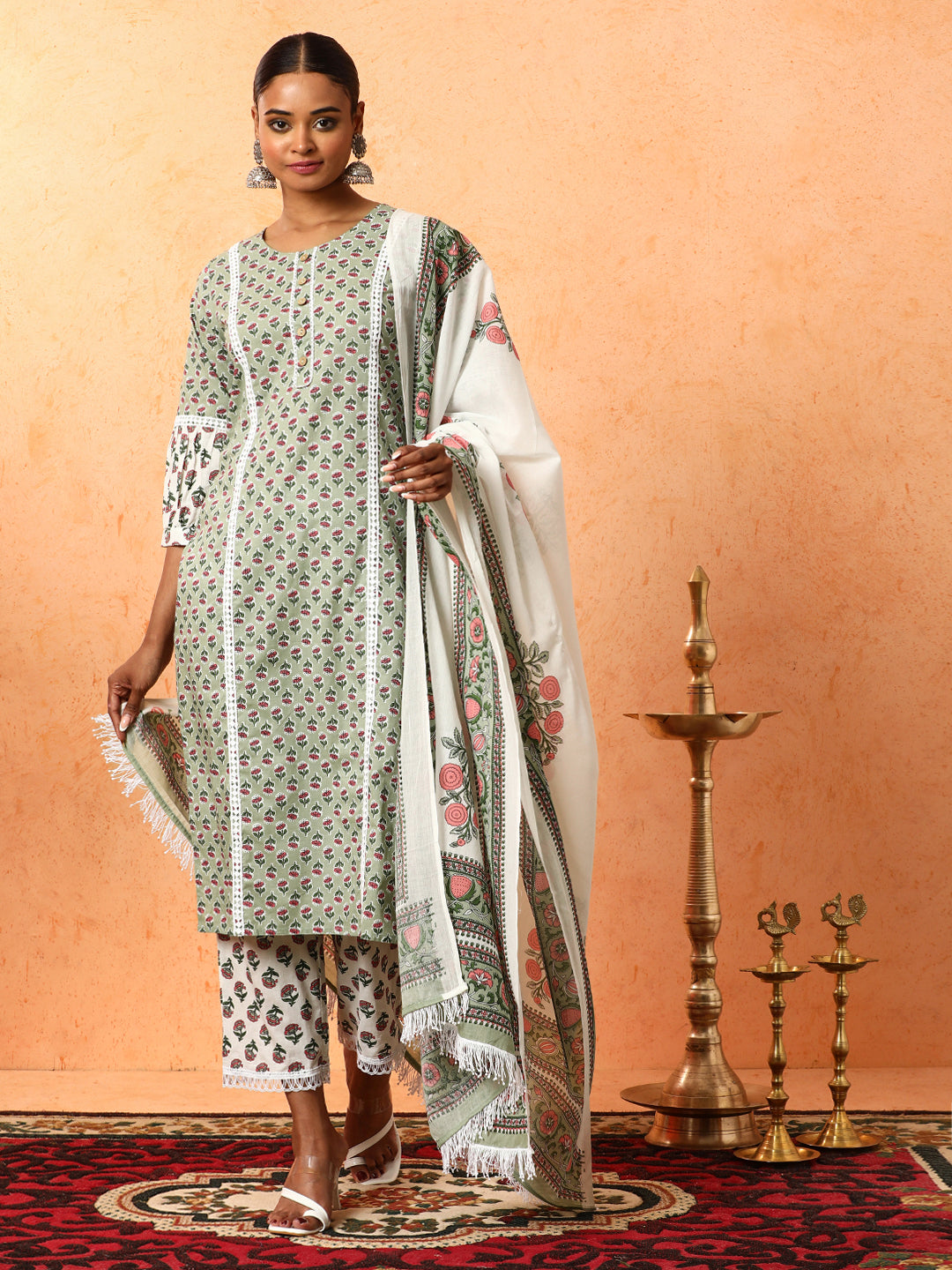 Floral Embroidered A-Line Pure Cotton Kurta & Trousers Sets