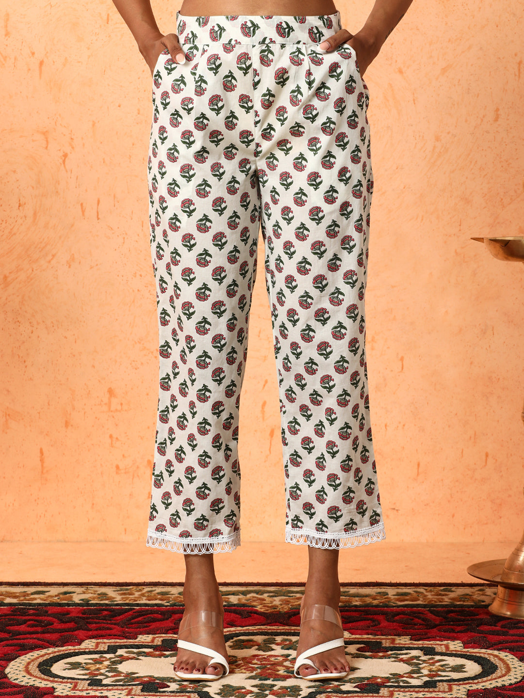 Floral Embroidered A-Line Pure Cotton Kurta & Trousers Sets