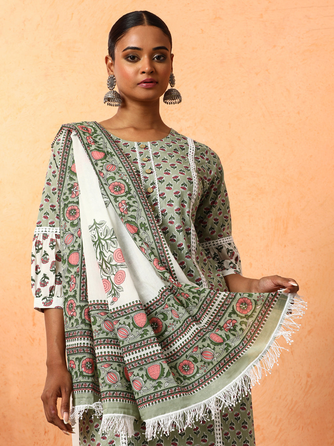 Floral Embroidered A-Line Pure Cotton Kurta & Trousers Sets