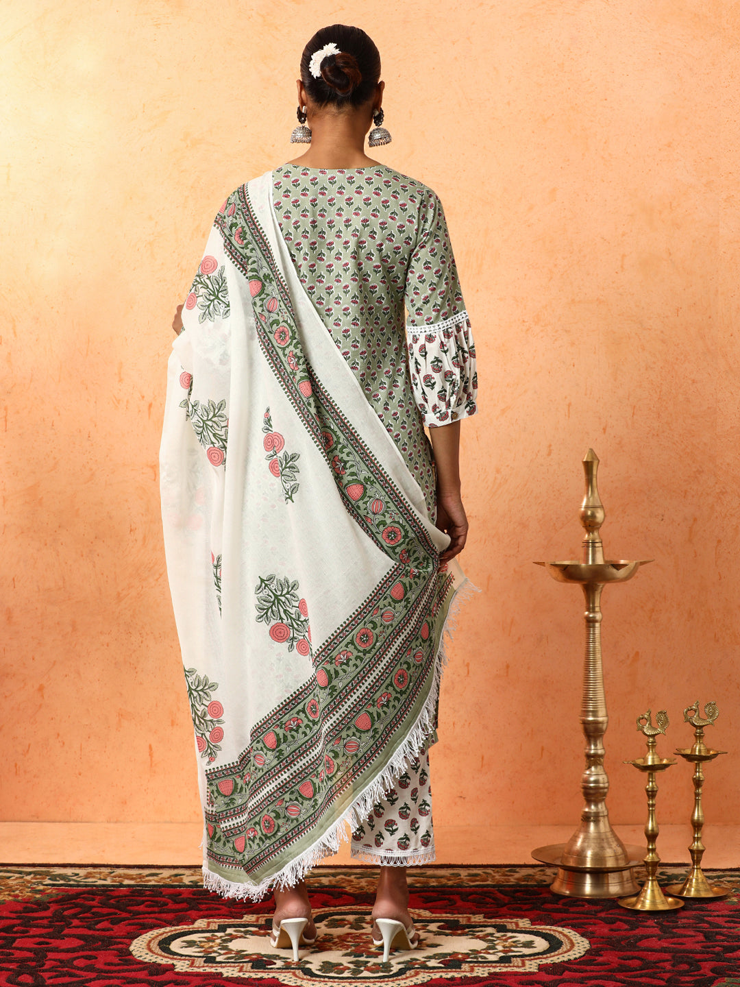 Floral Embroidered A-Line Pure Cotton Kurta & Trousers Sets