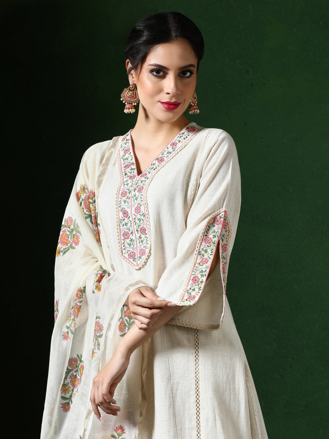 Floral Embroidered A-Line Cotton Blend Kurta & Trousers Sets