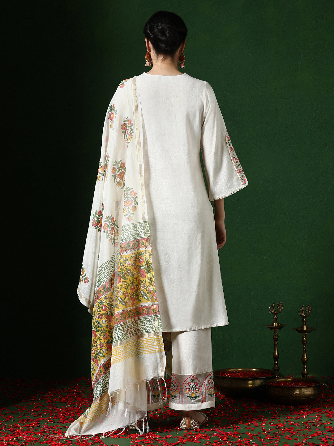 Floral Embroidered A-Line Cotton Blend Kurta & Trousers Sets