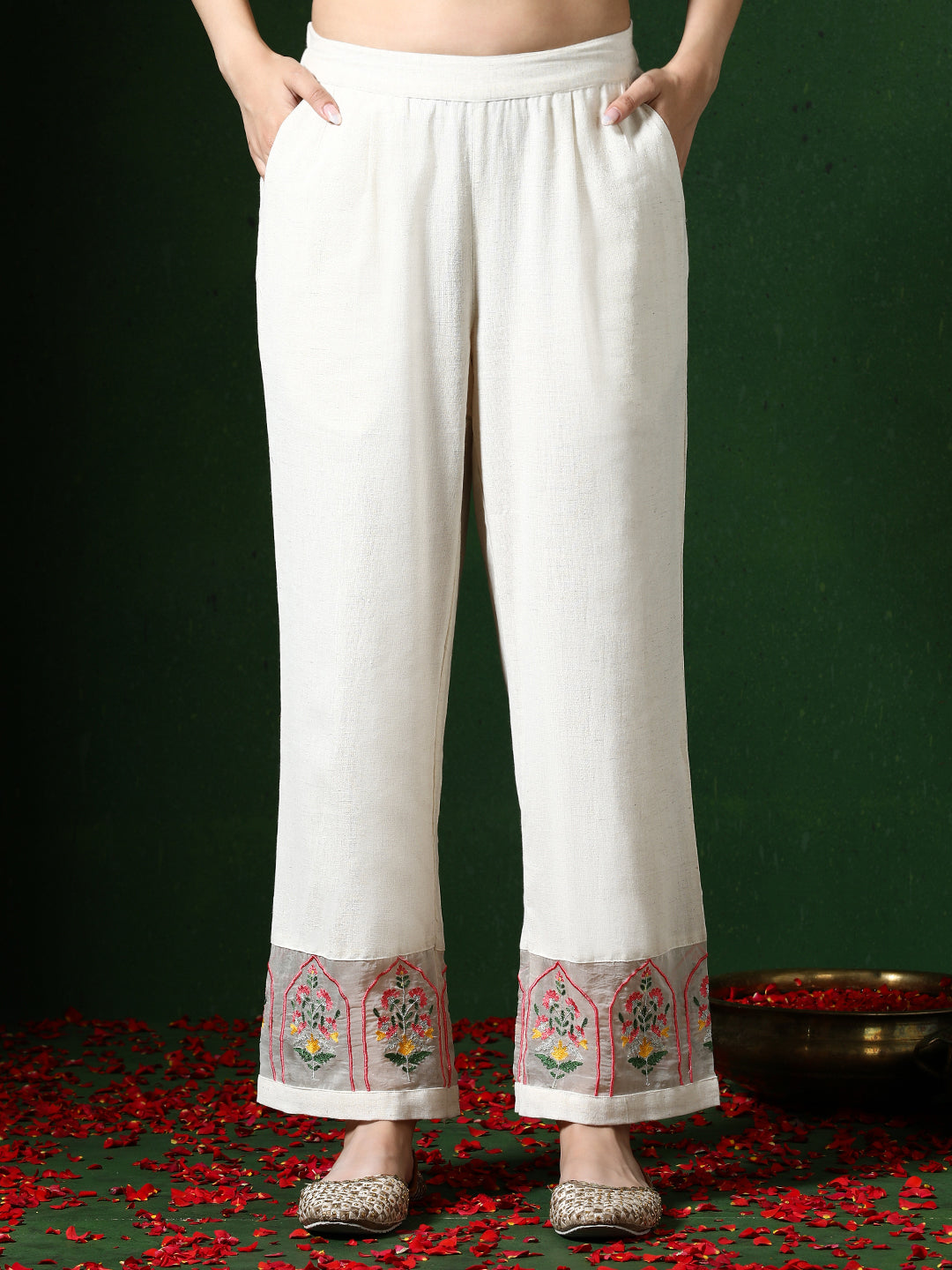 Floral Embroidered A-Line Cotton Blend Kurta & Trousers Sets