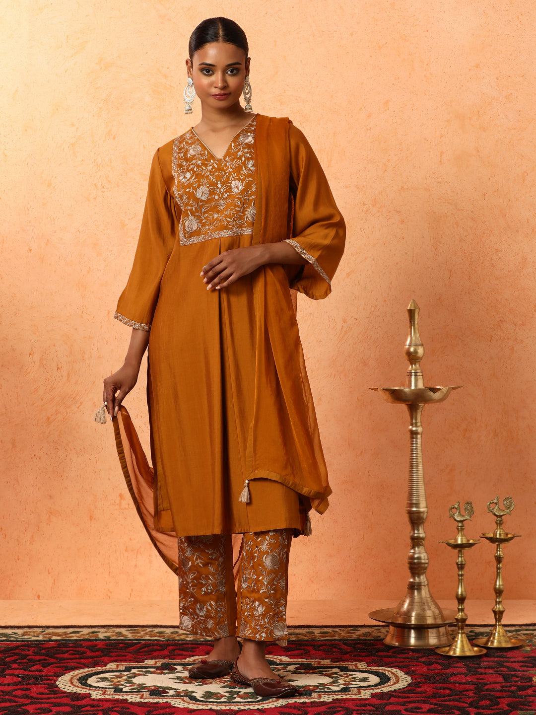 Floral Embroidered A-Line Cotton Blend Kurta & Trousers Sets
