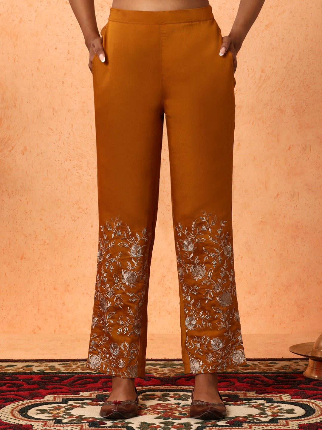 Floral Embroidered A-Line Cotton Blend Kurta & Trousers Sets