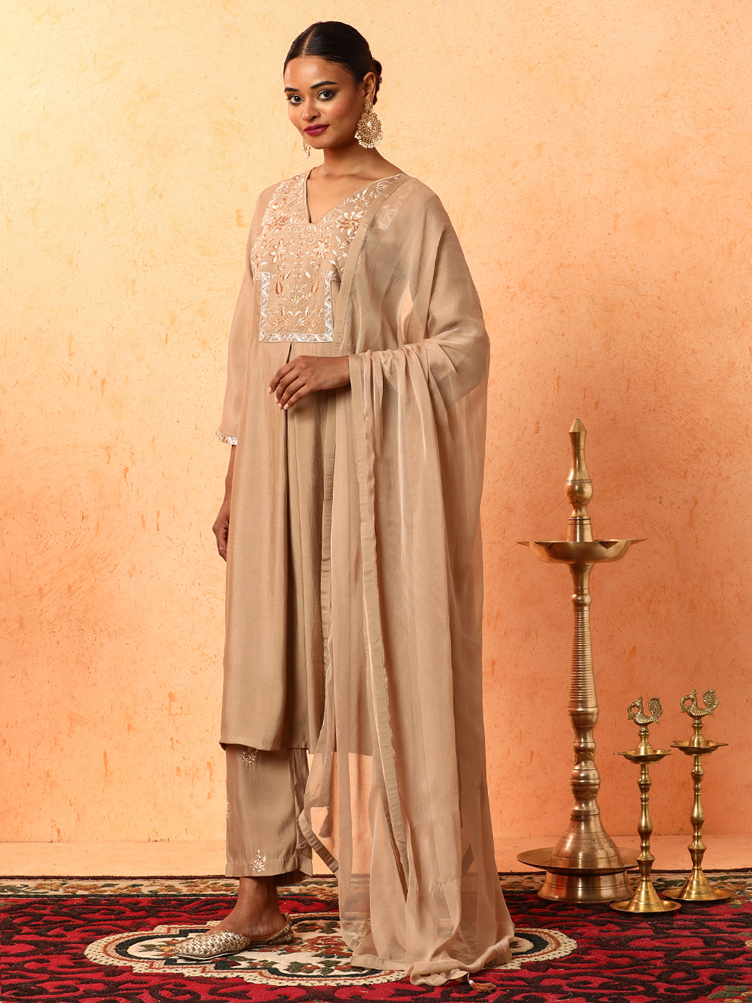 Floral Embroidered A-Line Cotton Blend Kurta & Trousers Sets