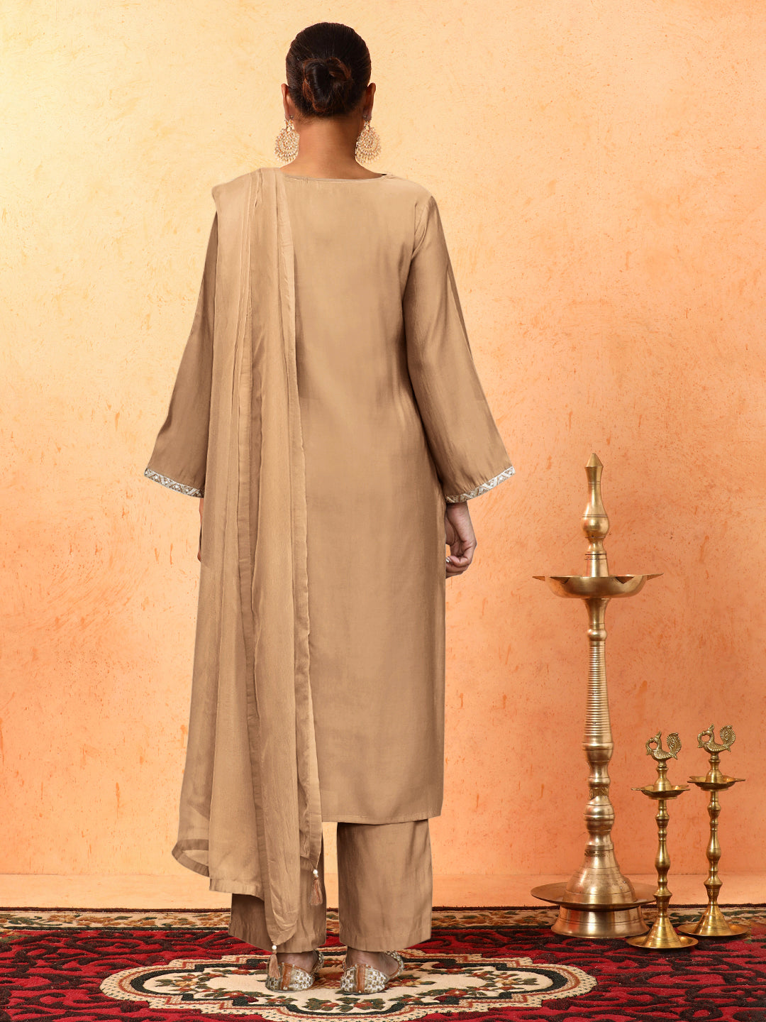 Floral Embroidered A-Line Cotton Blend Kurta & Trousers Sets
